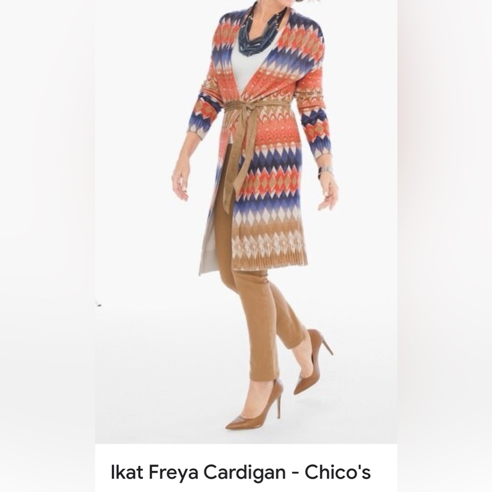 Chicos women’s Sz 2 Cardigan Ikat Freya Tie Waist Knit Long Sleeve Boho colors